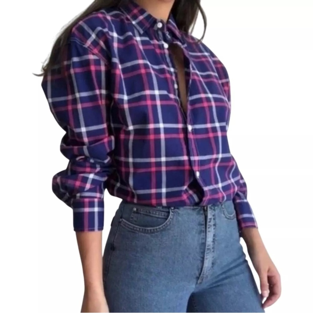 Frank & Eileen Barry Tailored Blue Pink Plaid Button Up Shirt Size Large